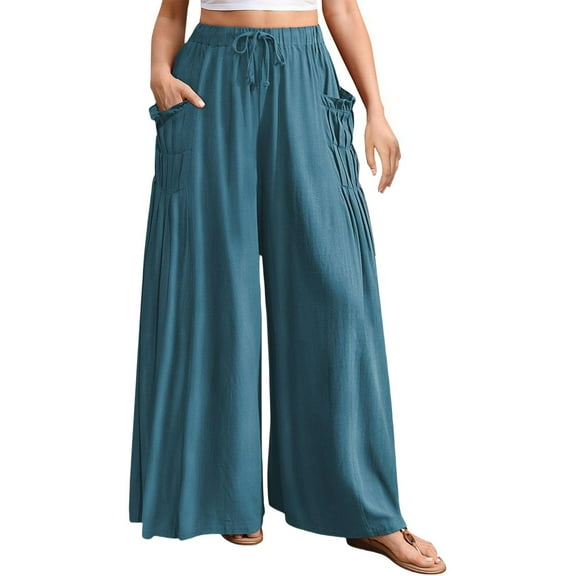 ManxiVoo Women Linen Wide Leg Pants Elastic Waist Summer Casual Beach Travel Outfits Lightweight Comfortable M Size Sky Blue