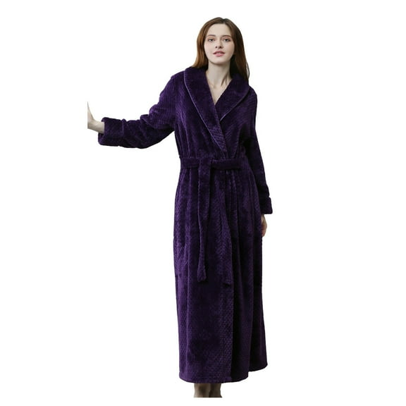 ManxiVoo Women Long Plush Robe with Attached Belt Cozy Warm Bathrobe for Lounge Wear and Home Relaxation M Size Purple