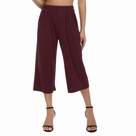 ManxiVoo Women Loose High Waist Wide Leg 3/4 Capri Pants with Drawstring and Pockets Casual Trousers L Size Wine