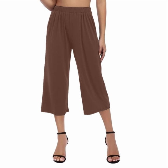 ManxiVoo Women Loose High Waist Wide Leg 3/4 Capri Pants with Drawstring and Pockets Casual Trousers S Size Brown