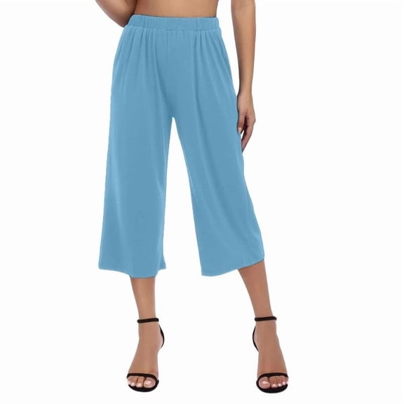 ManxiVoo Women Loose High Waist Wide Leg 3/4 Capri Pants with Drawstring and Pockets Casual Trousers S Size Light Blue