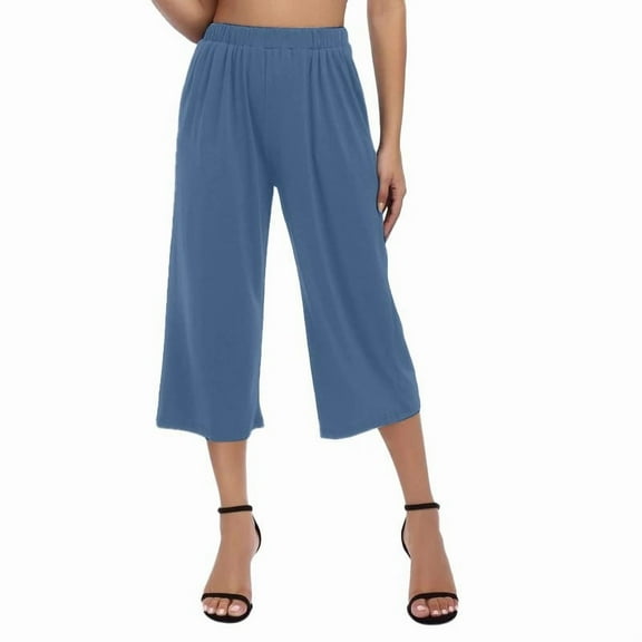 ManxiVoo Women Loose High Waist Wide Leg 3/4 Capri Pants with Drawstring and Pockets Casual Trousers S Size Sky Blue