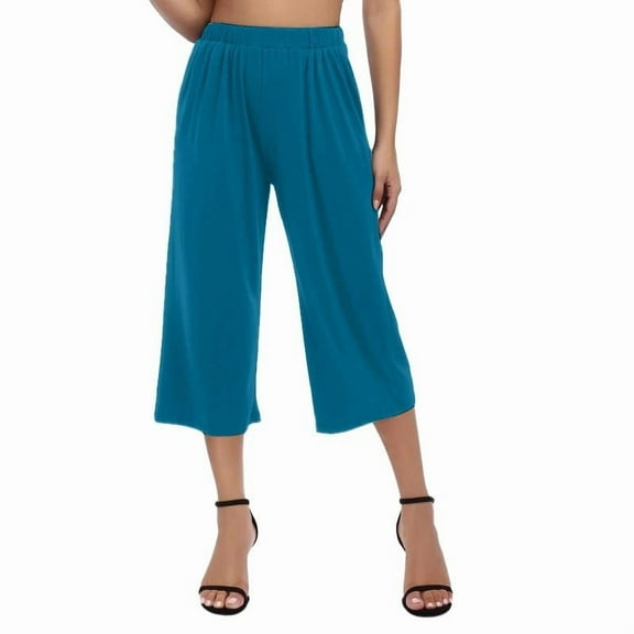 ManxiVoo Women Loose High Waist Wide Leg 3/4 Capri Pants with Drawstring and Pockets Casual Trousers XXXL Size Blue