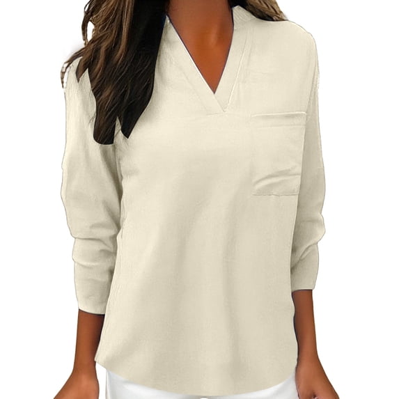 ManxiVoo Women Notched Neck Blouse 3/4 Sleeve Printed Work Shirt Casual Button Down Top with Pocket Modern Office Wear Lightweight L Size Beige