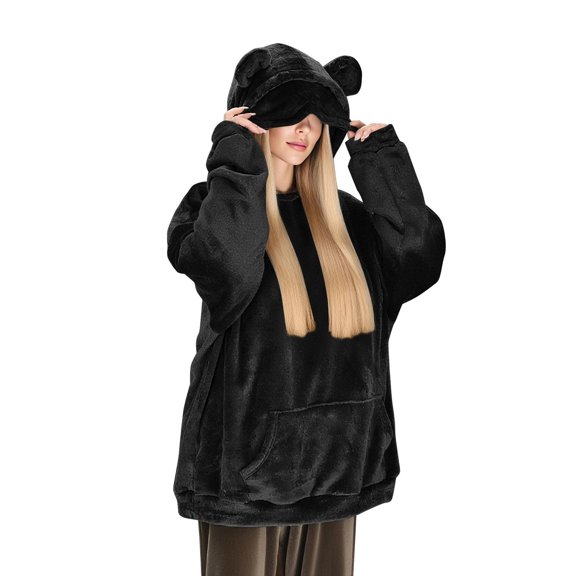 ManxiVoo Women Oversized Fleece Hoodie With Pockets Plush Double-Sided Fabric Cozy Loungewear Winter Pullover Casual Outerwear S Size Black