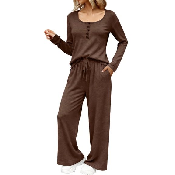 ManxiVoo Women Pajama Set Long Sleeve Mock Neck Top and Wide Leg Pants Loose Fit Casual Outfit S Size Brown