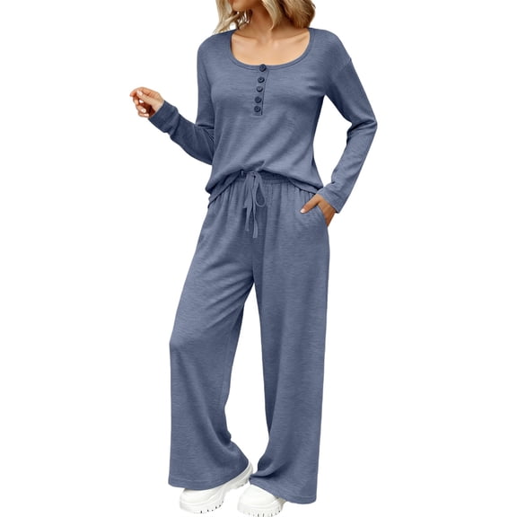 ManxiVoo Women Pajama Set Long Sleeve Mock Neck Top and Wide Leg Pants Loose Fit Casual Outfit S Size Dark Blue