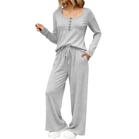 ManxiVoo Women Pajama Set Long Sleeve Mock Neck Top and Wide Leg Pants Loose Fit Casual Outfit S Size Grey