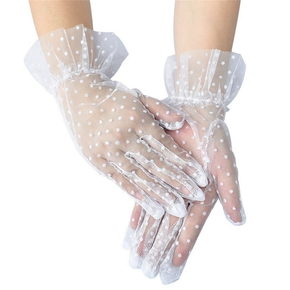 ManxiVoo Women Short Lace Glove Floral Net Dot Gloves For Wedding Tea Party 1950s Vintage Costume White