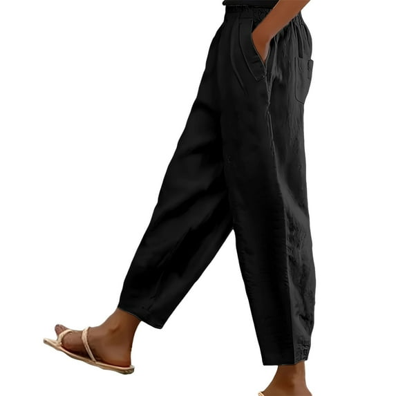 ManxiVoo Women Slim Fit Casual Pants Linen Cotton Comfortable Elastic Waist Pocket Trousers Everyday Wear L Size Black