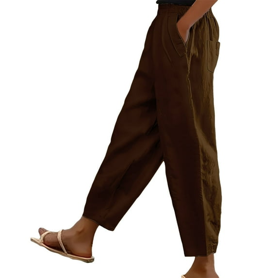 ManxiVoo Women Slim Fit Casual Pants Linen Cotton Comfortable Elastic Waist Pocket Trousers Everyday Wear L Size Brown