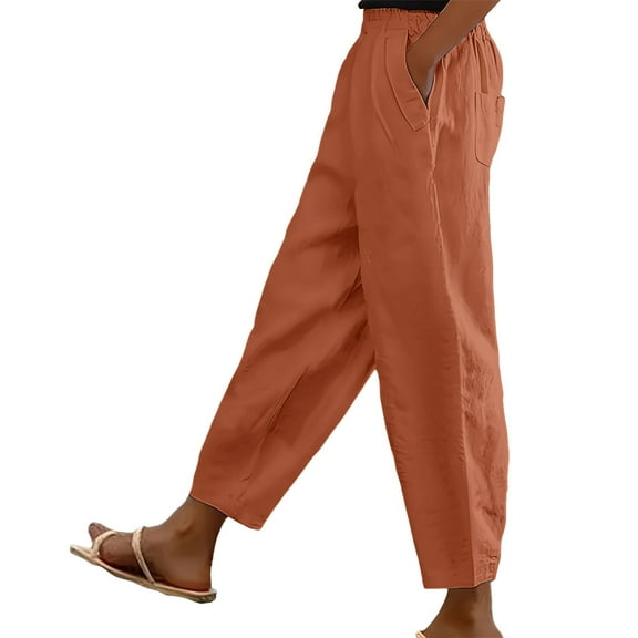 ManxiVoo Women Slim Fit Casual Pants Linen Cotton Comfortable Elastic Waist Pocket Trousers Everyday Wear L Size Red