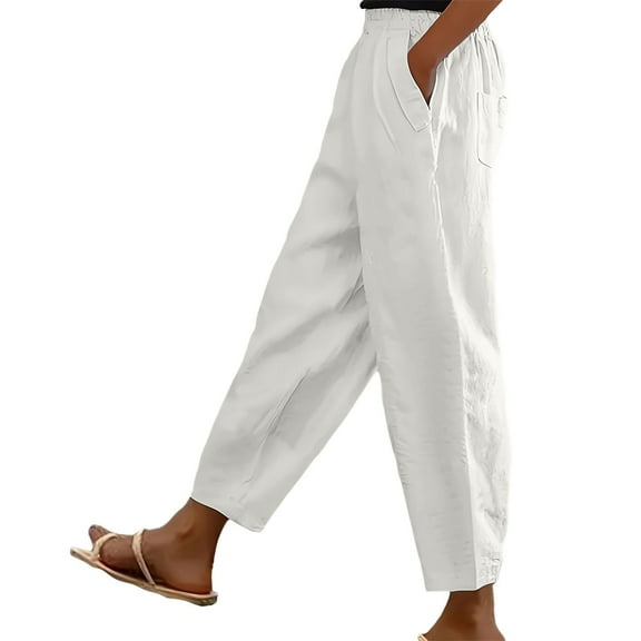 ManxiVoo Women Slim Fit Casual Pants Linen Cotton Comfortable Elastic Waist Pocket Trousers Everyday Wear L Size White