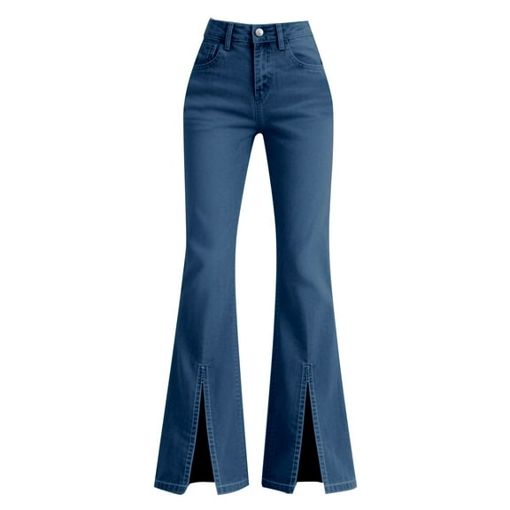 ManxiVoo Women Split Hem Jeans Elastic Straight Leg High Waist Flared Trousers Versatile Denim Pants M Size Blue