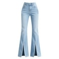 thumbnail image 1 of ManxiVoo Women Split Hem Jeans Elastic Straight Leg High Waist Flared Trousers Versatile Denim Pants M Size Light Blue, 1 of 7