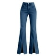 thumbnail image 1 of ManxiVoo Women Split Hem Jeans Elastic Straight Leg High Waist Flared Trousers Versatile Denim Pants XL Size Blue, 1 of 7