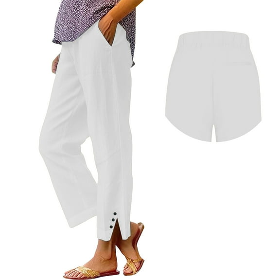 ManxiVoo Women Straight Leg Elastic Waist Pants Linen Cotton Casual Trousers Back Pocket Comfortable Daily Wear XXXXL Size White