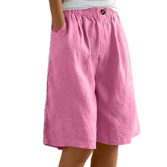 ManxiVoo Women Summer Linen Shorts Loose Fit Elastic Waist Comfort Casual Beachwear With Pockets XXXL Size Hot Pink