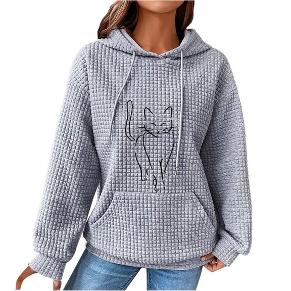 ManxiVoo Women Trendy Oversized Knit Hoodies with Cute Cat Graphic Long Sleeve Drawstring Sweatshirts for Casual Fashion Comfort XL Size Grey