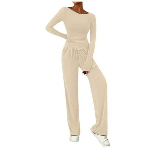 ManxiVoo Women Two Piece Set Asymmetrical Long Sleeve Top with Wide Leg Pants Comfortable Casual Lounge Outfit XL Size White