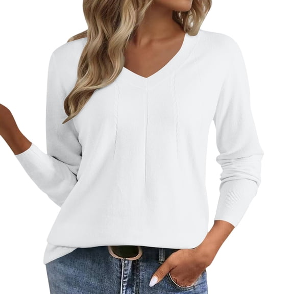 ManxiVoo Women V Neck Pullover Sweater Slim Fit Long Sleeve Lightweight Knit For Workwear Chic and Date Nights S Size White