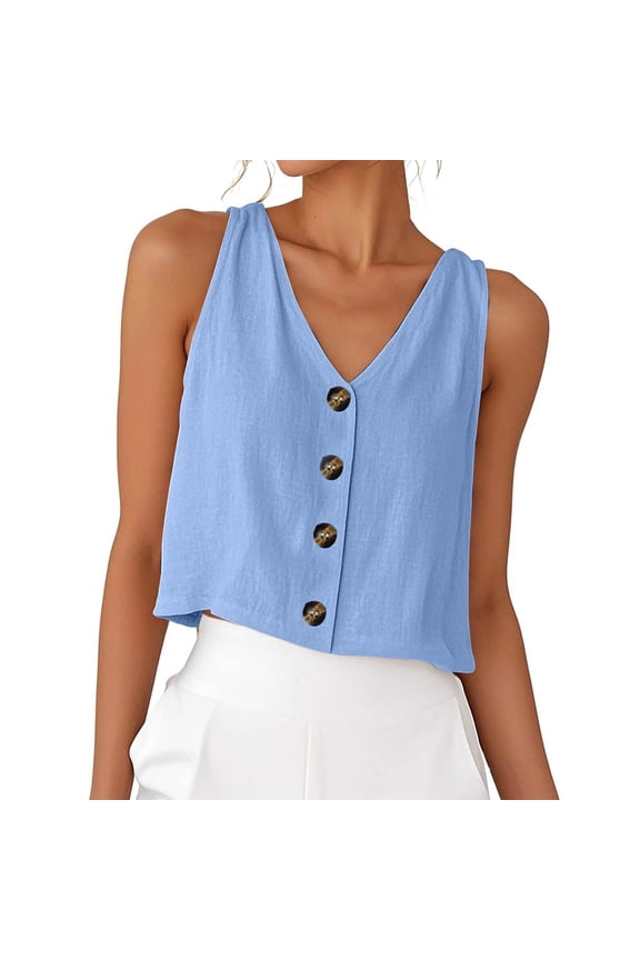 Women V Neck Sleeveless Cotton Shirt Summer Breathable Muslin Tank Top Relaxed Fit Minimalist Style Button Down Casual Tops S Size Light Blue