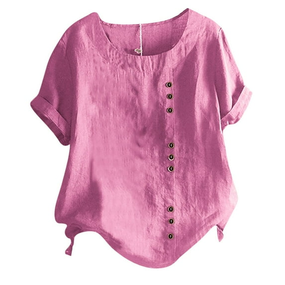 ManxiVoo Women Vintage Floral Print Blouses Short Sleeve Button Down Shirts O Neck Casual Loose Fit Summer Tops XXXL Size Hot Pink
