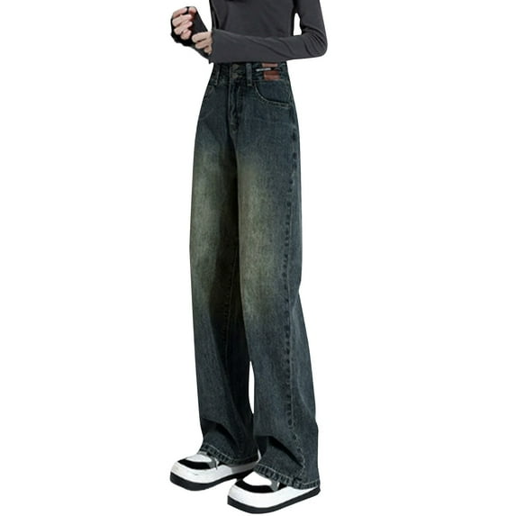 ManxiVoo Women Wide Leg Jeans Straight Leg Medium High Waist Comfort Denim Trousers for Casual Style L Size Grey