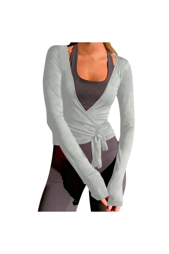 Women Wrap Tie Front Yoga Top Long Sleeve V Neck Slim Fit Workout Ballet Shirt Casual Athletic Blouse M Size Grey