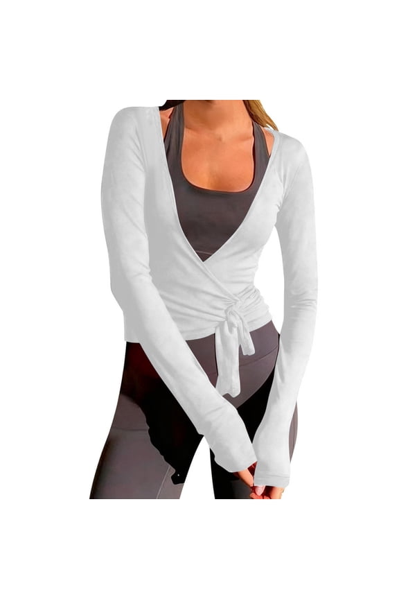 Women Wrap Tie Front Yoga Top Long Sleeve V Neck Slim Fit Workout Ballet Shirt Casual Athletic Blouse S Size White