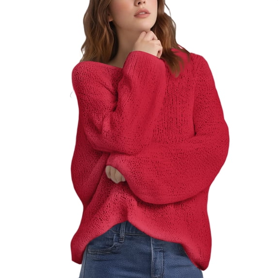 ManxiVoo Women's Artistic Print Crewneck Knit Sweater Long Sleeve Vintage Inspired Pullover Top L Size Red