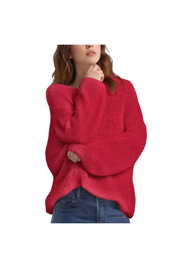 Women's Artistic Print Crewneck Knit Sweater Long Sleeve Vintage Inspired Pullover Top L Size Red