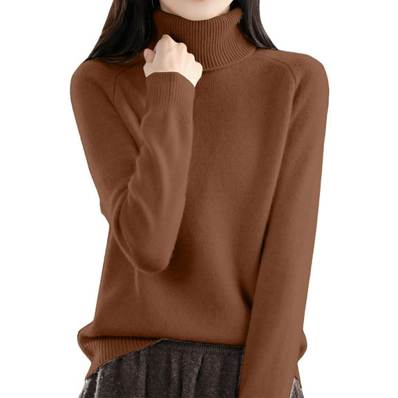 ManxiVoo Women's Autumn Winter Loose Knit Pullover High Neck Thermal Long Sleeve Top for Layering M Size Brown