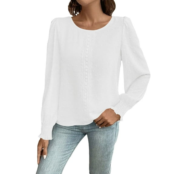 ManxiVoo Women's Basic Long Sleeve Round Neck T-Shirt Comfortable Plain Top with Lace Detail for Fall Fashion S Size White