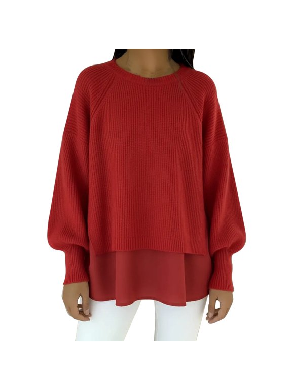 Women's Blouson Sleeve Sweater Crewneck Pullover with Chiffon Hem Side Slit Detail Casual Chic Fall Top L Size Red