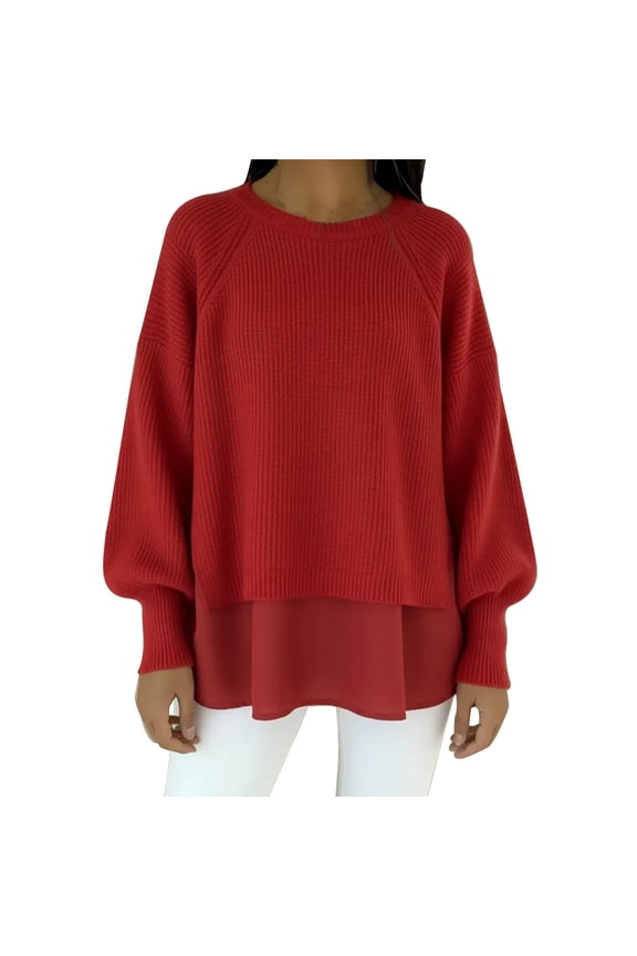 Women's Blouson Sleeve Sweater Crewneck Pullover with Chiffon Hem Side Slit Detail Casual Chic Fall Top L Size Red
