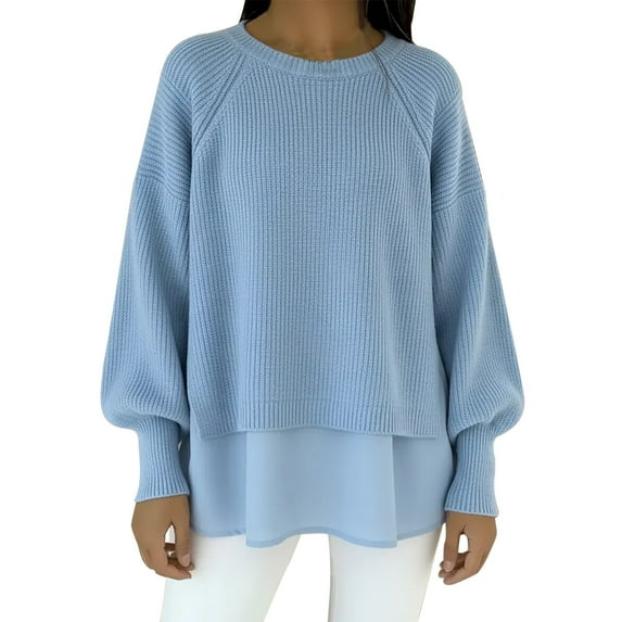 ManxiVoo Women's Blouson Sleeve Sweater Crewneck Pullover with Chiffon Hem Side Slit Detail Casual Chic Fall Top S Size Light Blue