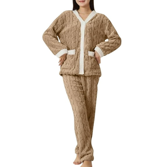 ManxiVoo Women's Brushed Fleece Lounge Set Cozy Pajama Top and Pants Soft Thermal Sleepwear for Winter Comfort One Size Size Khaki