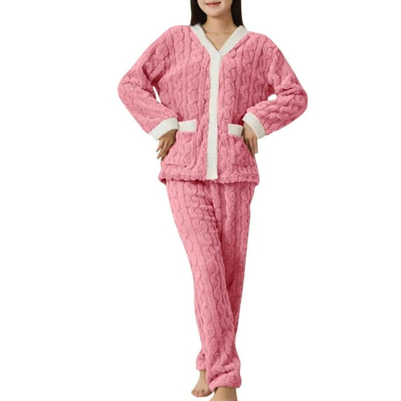 ManxiVoo Women's Brushed Fleece Lounge Set Cozy Pajama Top and Pants Soft Thermal Sleepwear for Winter Comfort One Size Size Pink