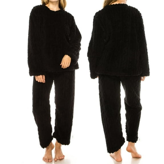 ManxiVoo Women's Brushed Fleece Pajama Set Thermal Winter Sleepwear Cozy Top and Pants Lounge Set for Cold Weather One Size Size Black