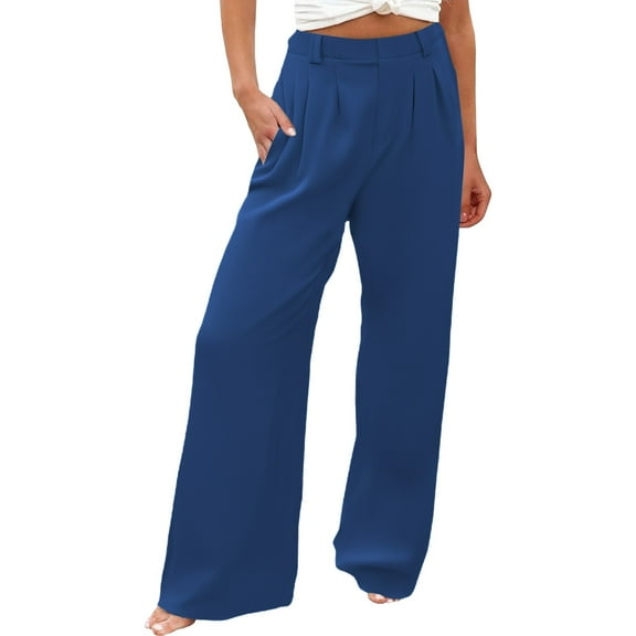 ManxiVoo Women's Business Casual Palazzo Pants Lightweight Wide Leg Office Work Comfort Stretch S Size Blue