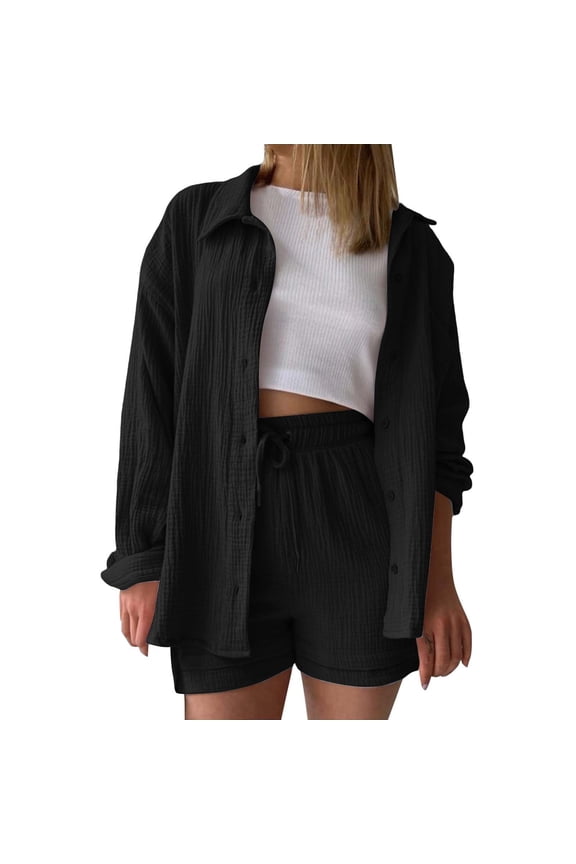 Women's Button Down Shirt Crinkle Textured Long Sleeve Top with Side Slits Office To Evening Wear L Size Black
