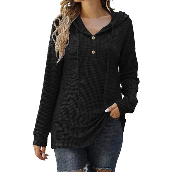 ManxiVoo Women's Button Front Hooded Knit Sweater Long Sleeve Pullover Loose Fit Casual Top Fall Comfort Wear L Size Black