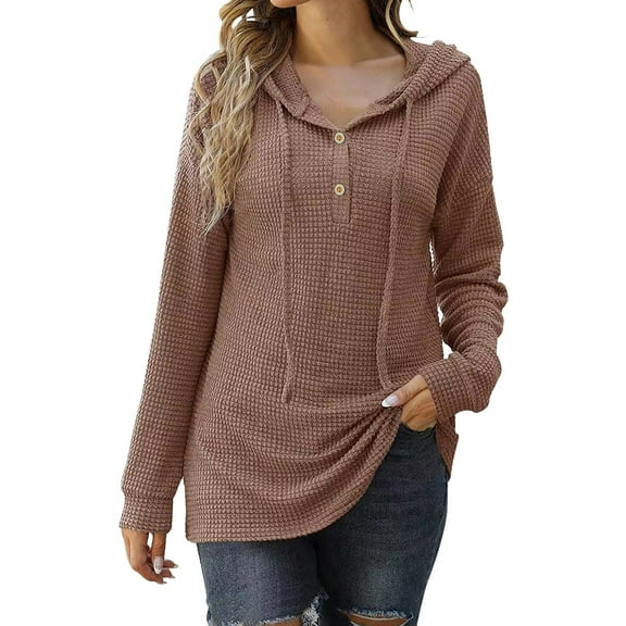 ManxiVoo Women's Button Front Hooded Knit Sweater Long Sleeve Pullover Loose Fit Casual Top Fall Comfort Wear S Size Coffee