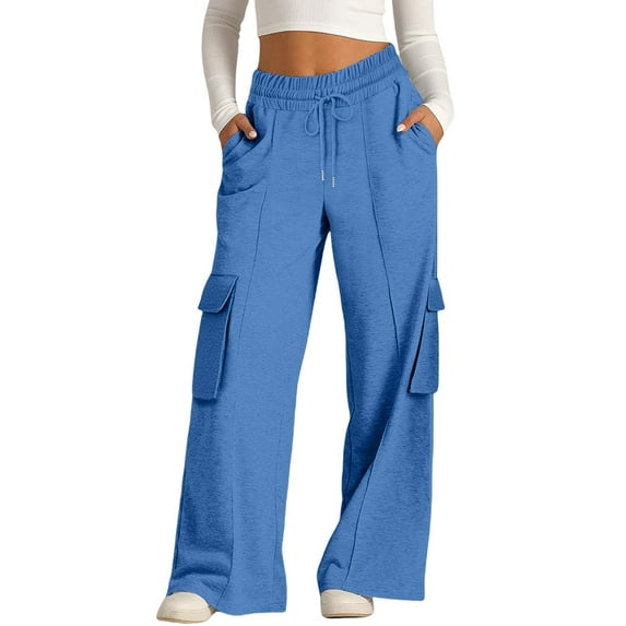 ManxiVoo Women's Casual Drawstring Waist Wide Leg Pants with Pockets Comfortable Soft Lounge Athletic Trousers L Size Blue