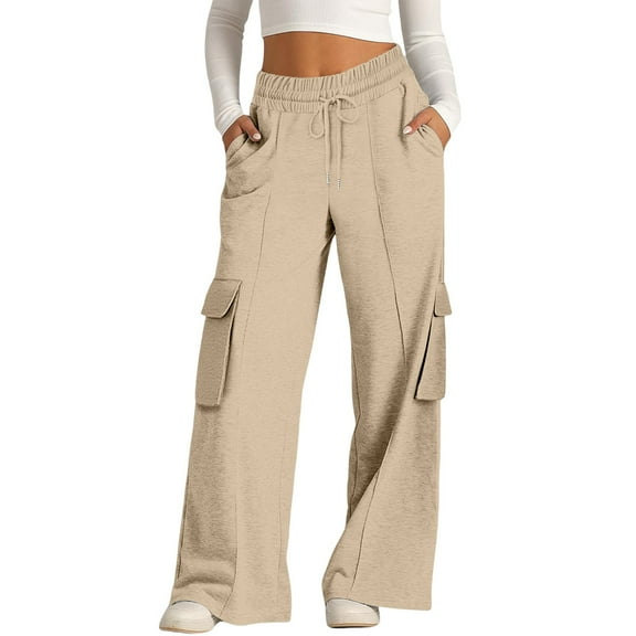 ManxiVoo Women's Casual Drawstring Waist Wide Leg Pants with Pockets Comfortable Soft Lounge Athletic Trousers L Size Khaki