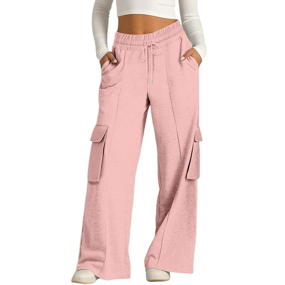 ManxiVoo Women's Casual Drawstring Waist Wide Leg Pants with Pockets Comfortable Soft Lounge Athletic Trousers S Size Pink