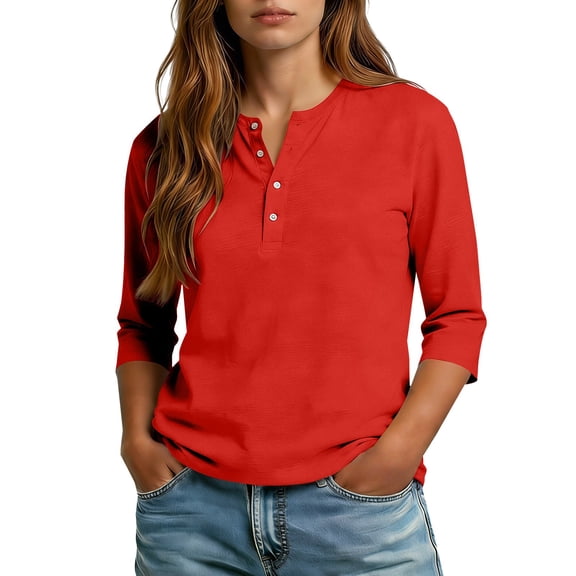 ManxiVoo Women's Casual Henley Blouse with 3/4 Sleeve and Button Placket for Daily Wear Comfort Tops S Size Red