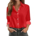 thumbnail image 1 of ManxiVoo Women's Casual Long Sleeve Button Down Shirt Solid Color Comfortable Everyday Wear Stylish Versatile Tops for Ladies M Size Watermelon Red, 1 of 7