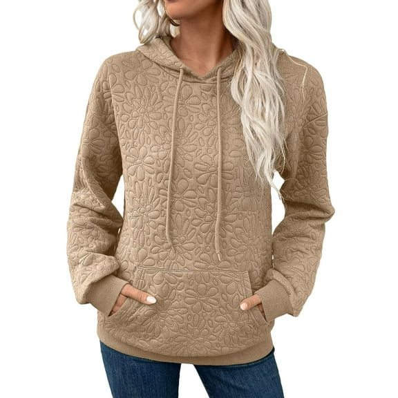 ManxiVoo Women's Casual Long Sleeve Hooded Sweatshirt Solid Color Pullover with Pockets Relaxed Fit Top M Size Khaki